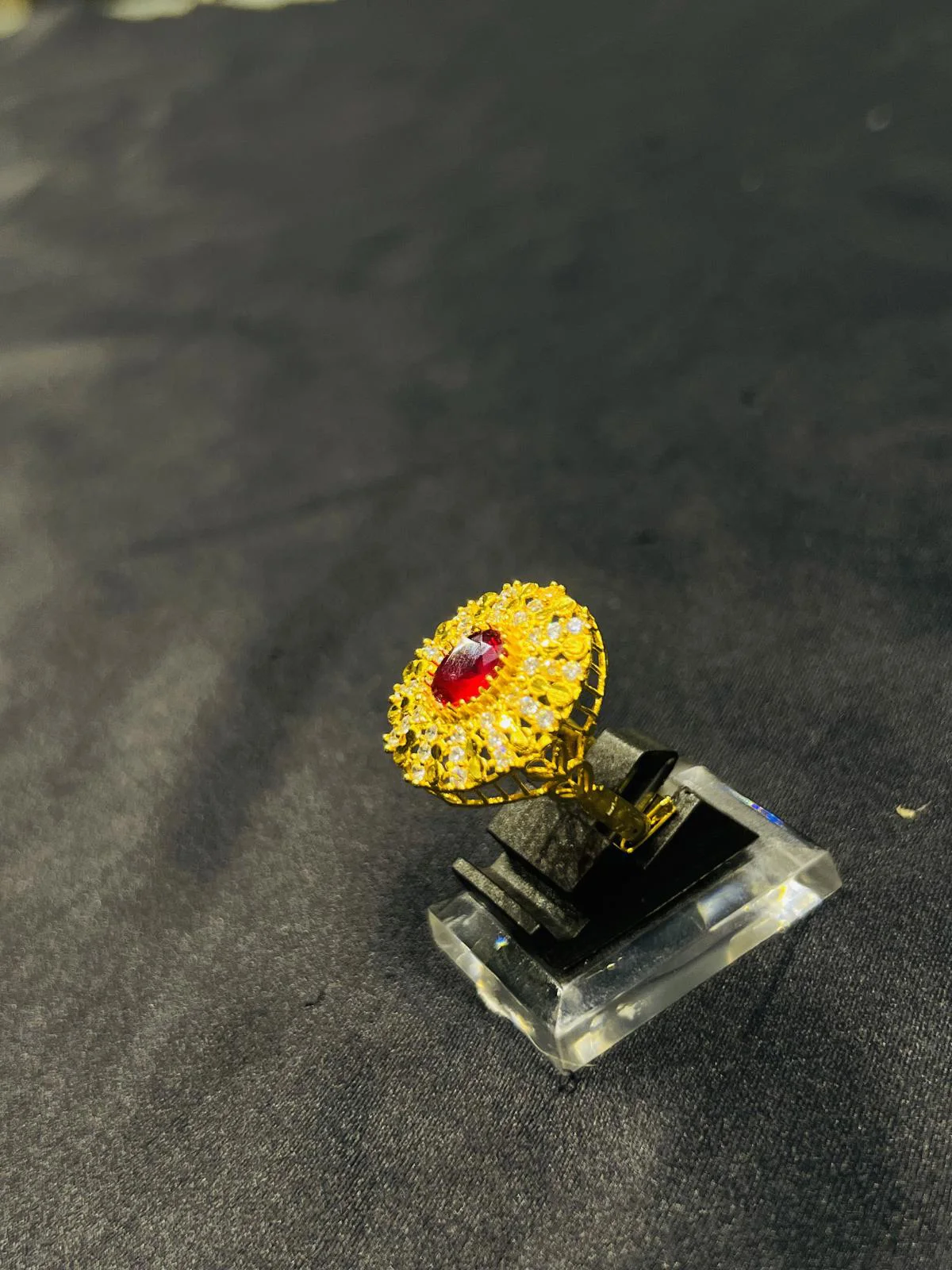 24K Gold Polish adjustable Ring in Maroon Stone