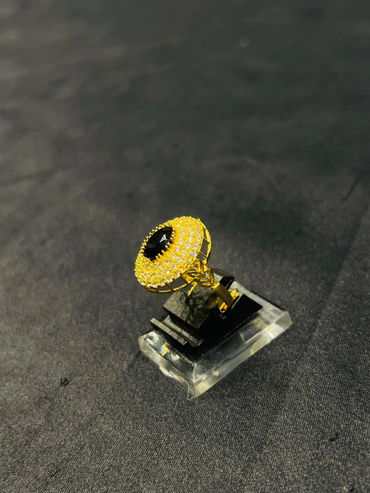 24K Gold Polish adjustable Ring in Black Stone