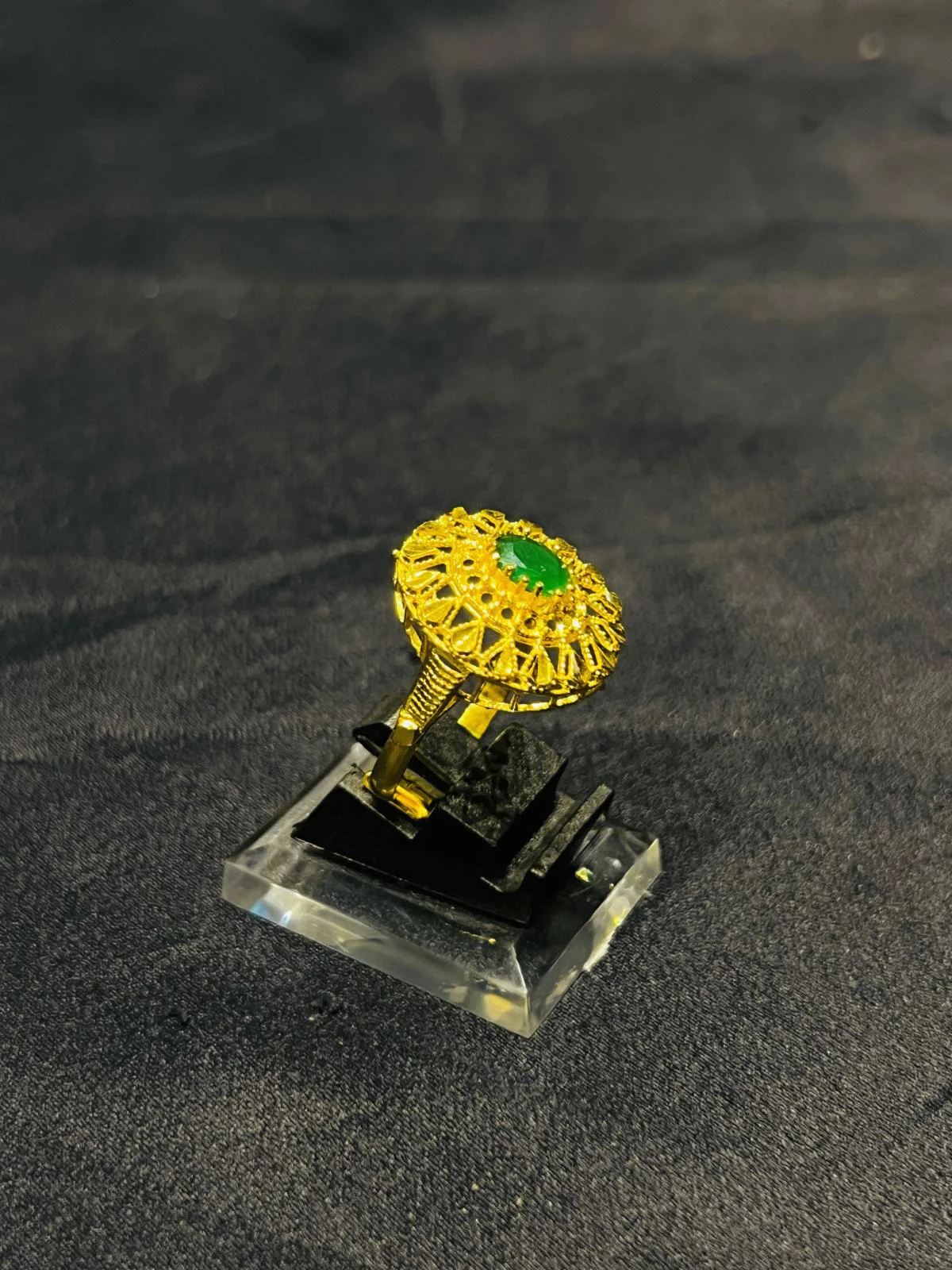 24K Gold Polish adjustable Ring in Green Stone