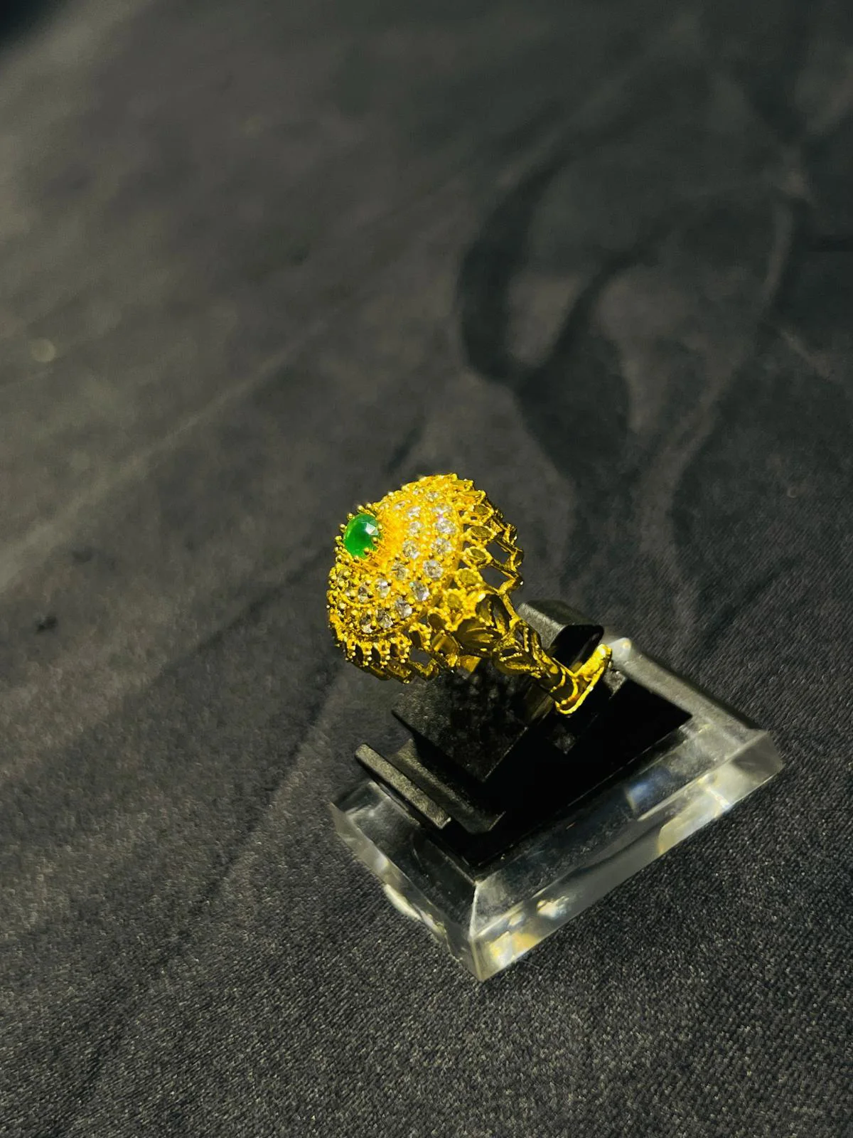 24K Gold Polish adjustable Ring in Green Stone